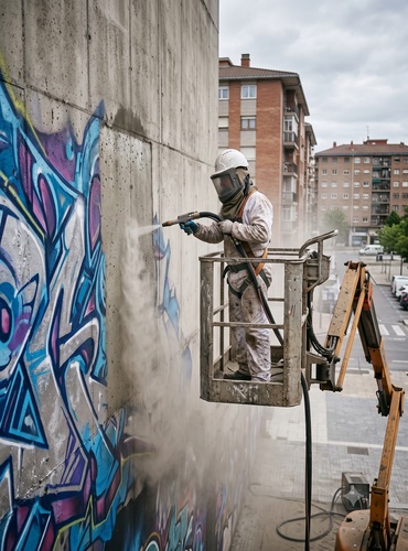Retirada de un grafiti de un muro de hormigon con chorro de arena desde plataforma elevadora
